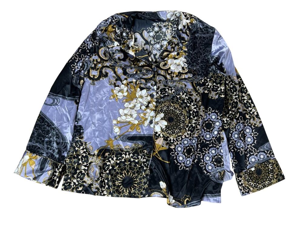 Natori Blouse Womens L Black Floral Cowl Neck Long Sleeve Satin Stretch Top